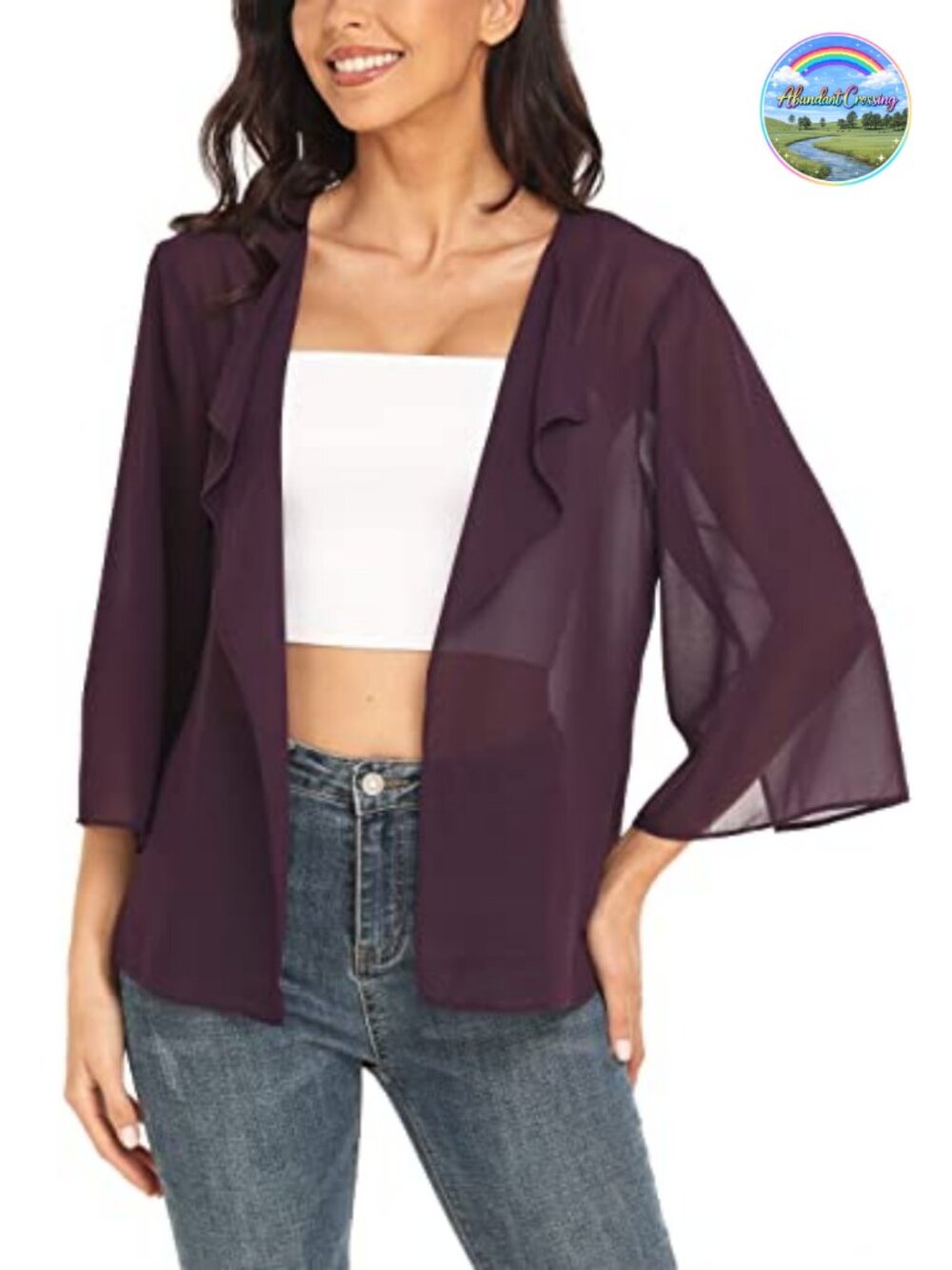 Womens Sheer Chiffon Bolero Shrug Open Front Cardigan Cover Up 3/4 Sleeve Kimono